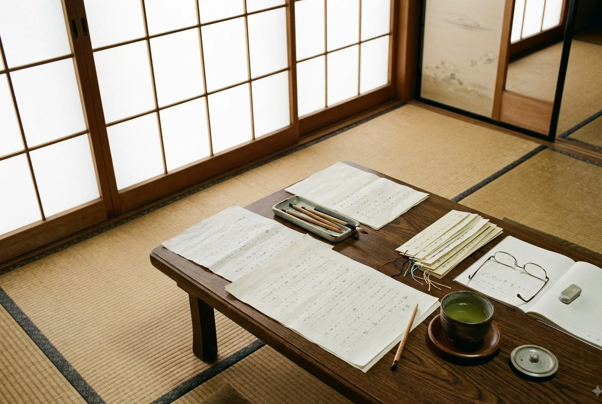 句会の机。清記用紙と短冊、鉛筆、湯呑み、老眼鏡